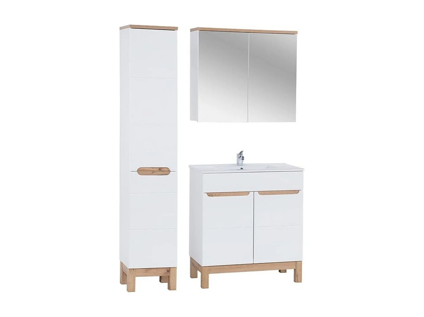 Ensemble ERMANO : meuble sous vasque 80cm + vasque à encastrer + colonne avec panier à linge intégré + rangements avec miroirs