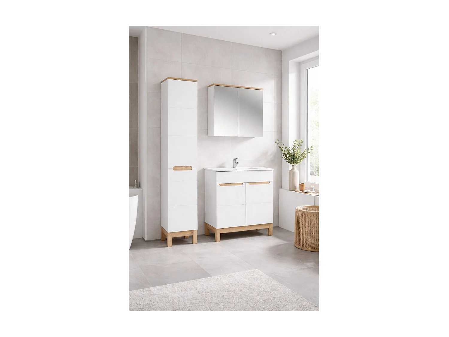 Ensemble ERMANO : meuble sous vasque 80cm + vasque à encastrer + colonne avec panier à linge intégré + rangements avec miroirs