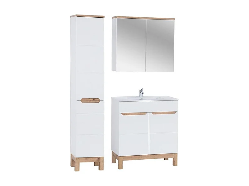 Ensemble ERMANO : meuble sous vasque 80cm + vasque à encastrer + colonne avec panier à linge intégré + rangements avec miroirs
