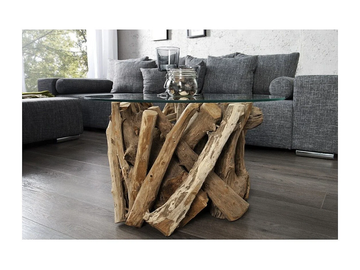 Table basse ronde ARBOREA 60 cm – Table basse en bois de teck avec plateau en verre trempé