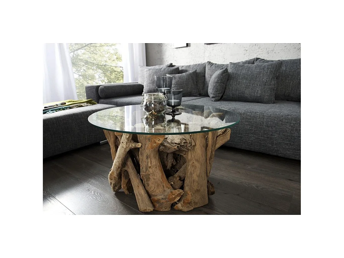 Ronde salontafel ARBOREA 60 cm - Salontafel van teakhout met een gehard glazen blad