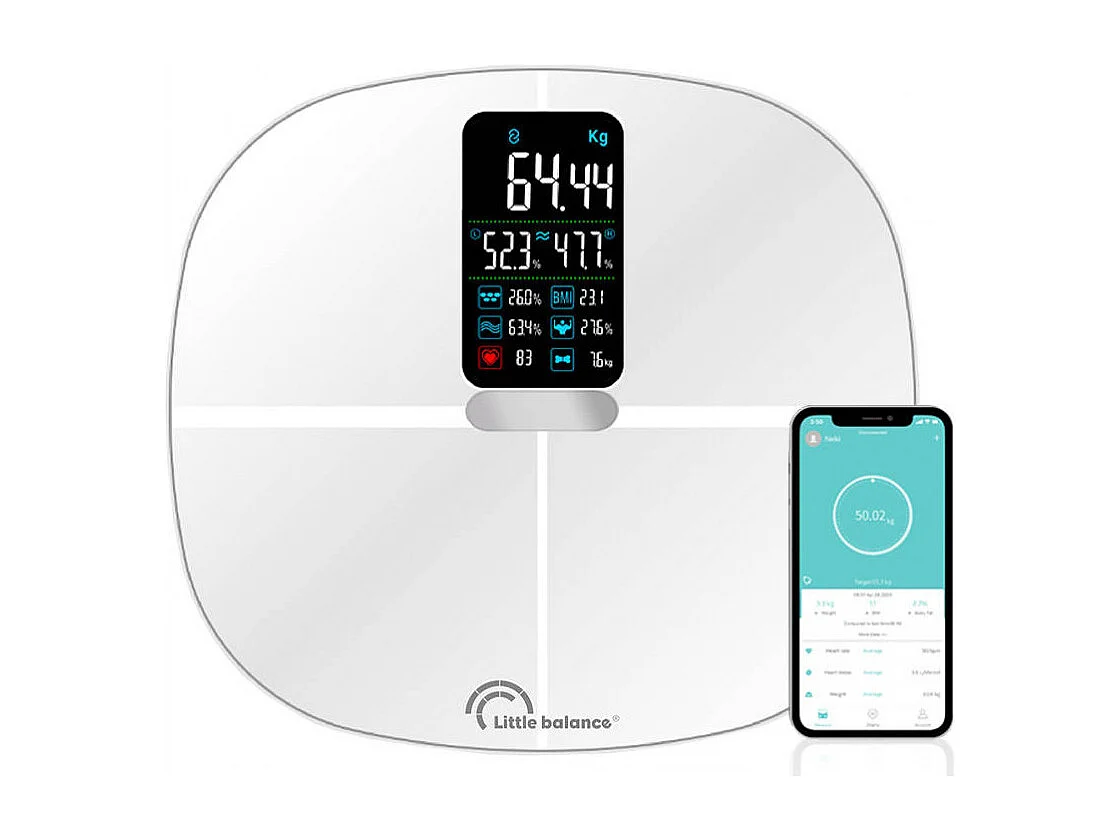 Inteligentna waga LITTLE BALANCE 8464 Fitdays Cardio Biała 180kg - 13 Analiz Ciała i Tętno