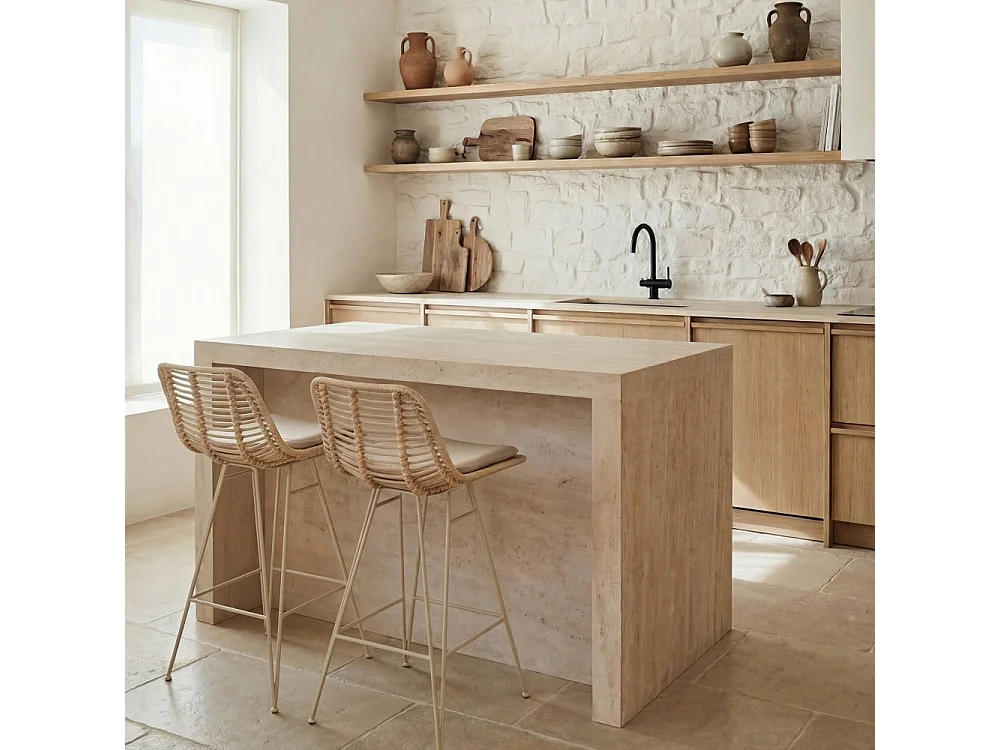 Capurgana - Lot de 2 chaises de bar design en rotin pieds beige H67cm - Naturel