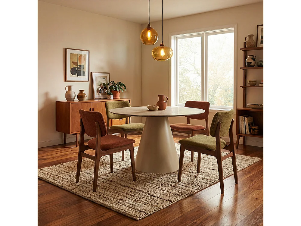 Chiba - Table à manger 4 personnes ronde effet travertin - Beige