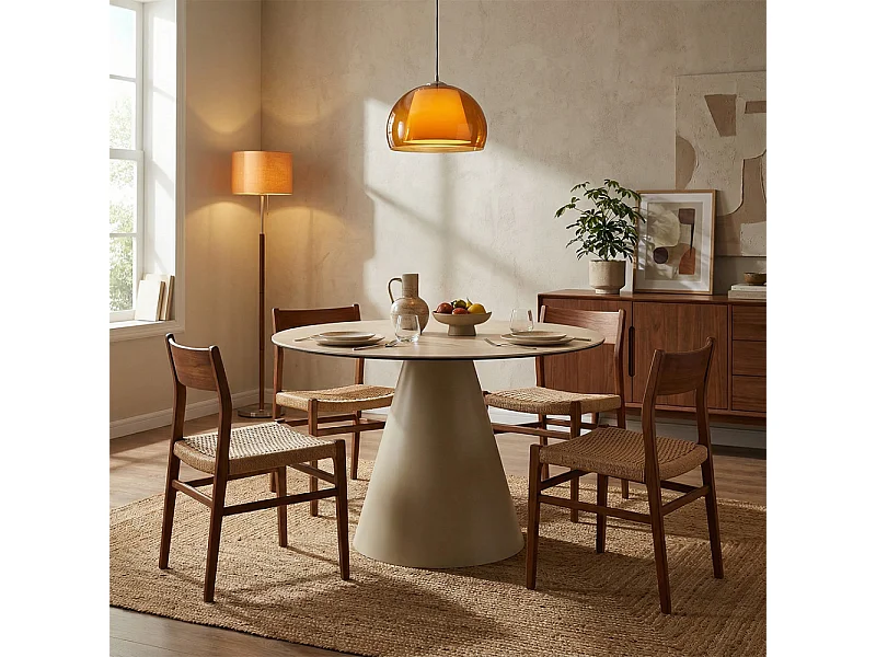 Chiba - Table à manger 4 personnes ronde effet travertin - Beige