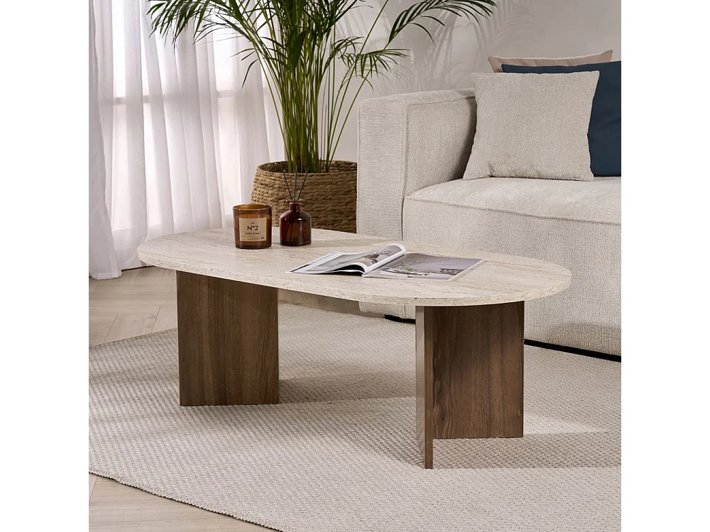 Sam - Table basse ovale en bois et effet travertin - Beige