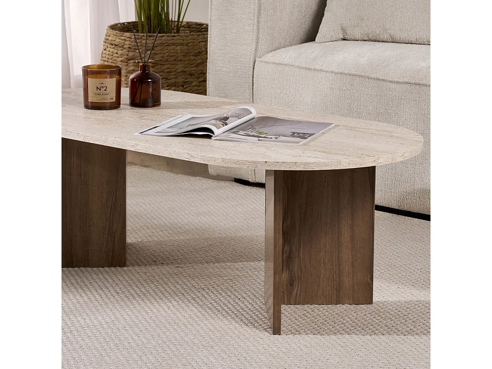 Sam - Table basse ovale en bois et effet travertin - Beige
