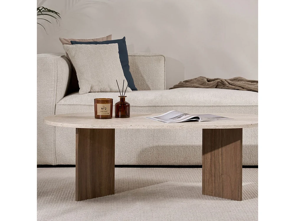 Sam - Table basse ovale en bois et effet travertin - Beige