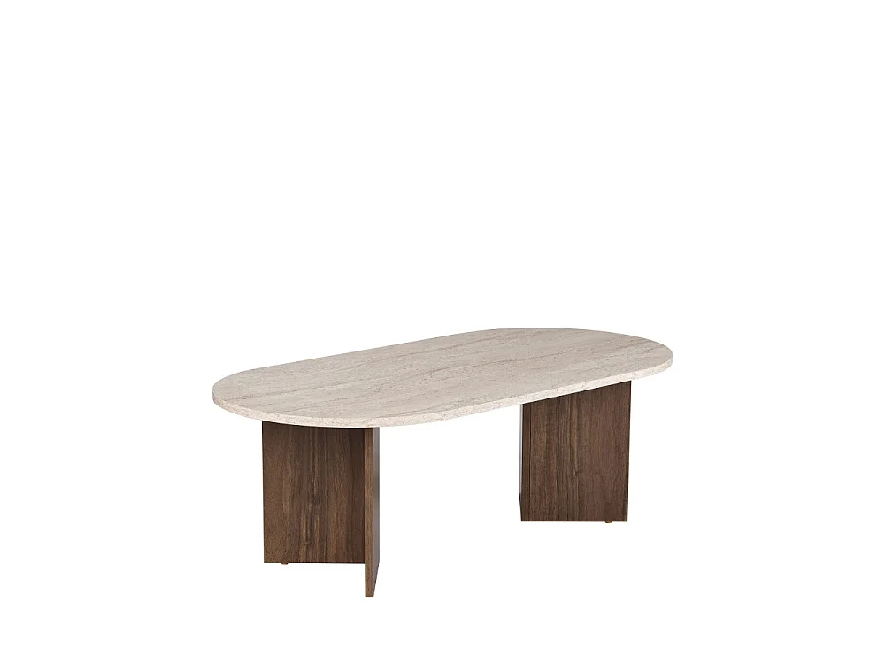 Sam - Table basse ovale en bois et effet travertin - Beige