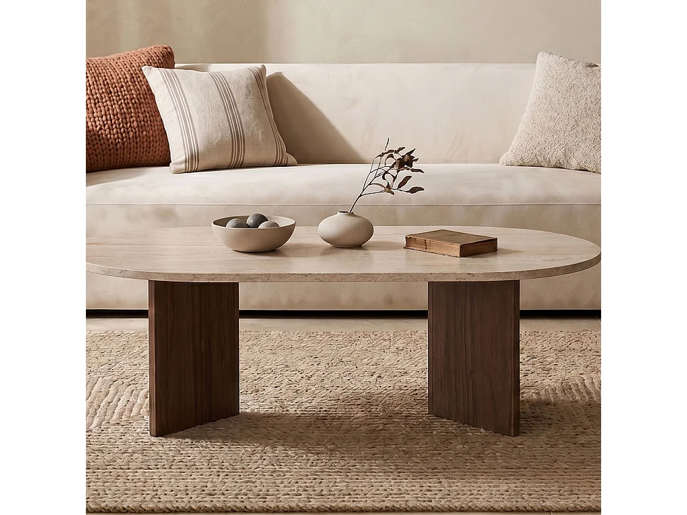 Sam - Table basse ovale en bois et effet travertin - Beige
