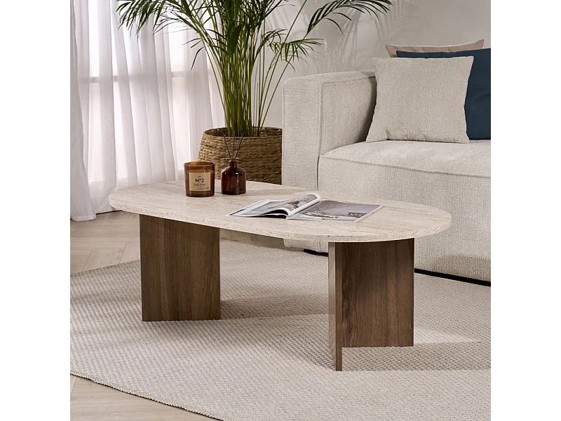 Sam - Table basse ovale en bois et effet travertin - Beige