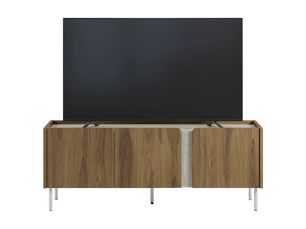 Boxy -  Meuble TV 3 portes en bois et effet travertin L140cm - Bois foncé