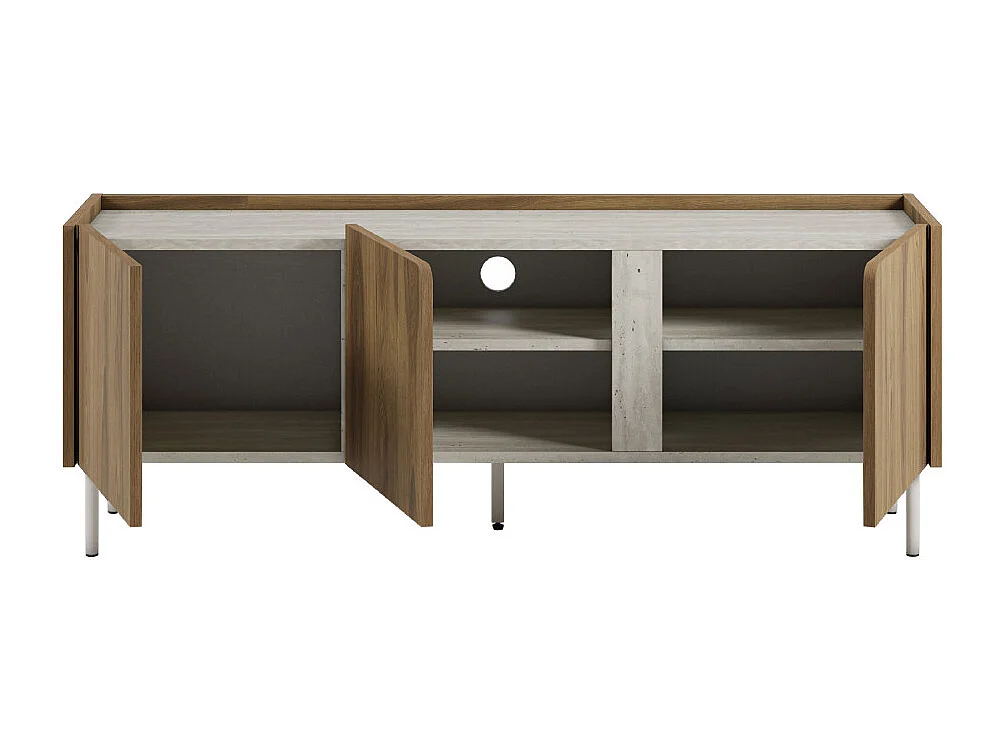 Boxy -  Meuble TV 3 portes en bois et effet travertin L140cm - Bois foncé