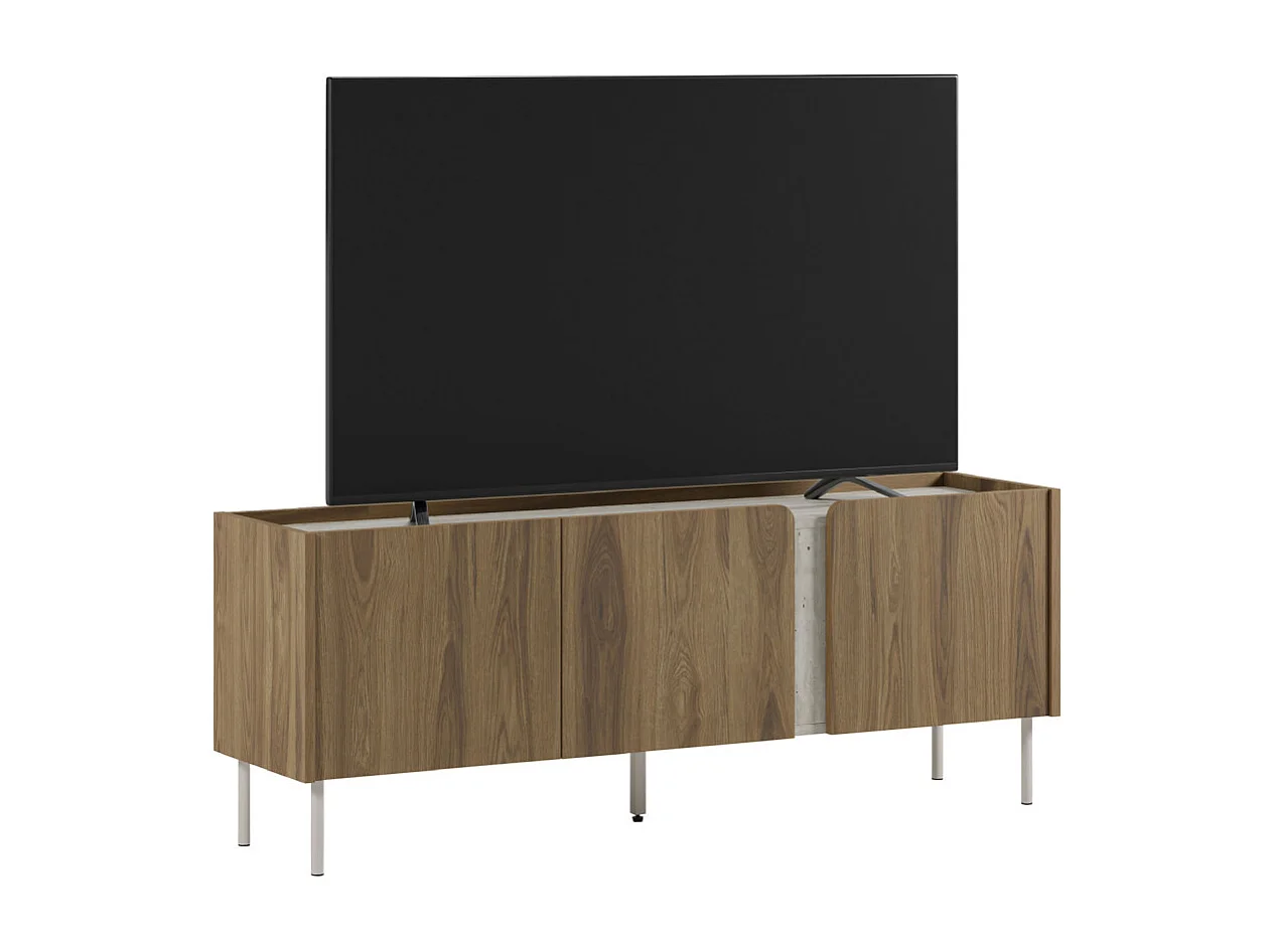 Boxy -  Meuble TV 3 portes en bois et effet travertin L140cm - Bois foncé