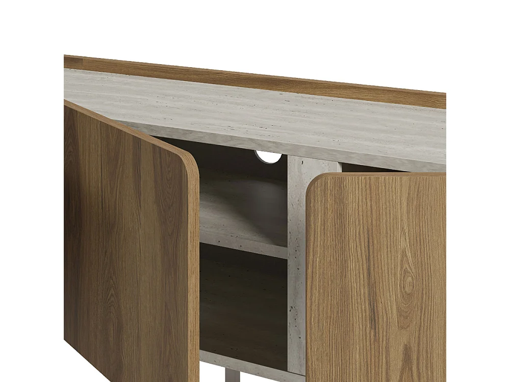 Boxy -  Meuble TV 3 portes en bois et effet travertin L140cm - Bois foncé