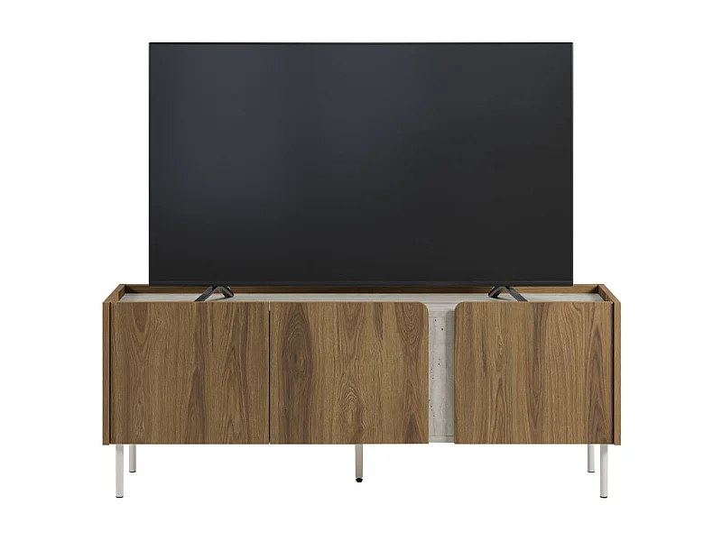 Boxy -  Meuble TV 3 portes en bois et effet travertin L140cm - Bois foncé