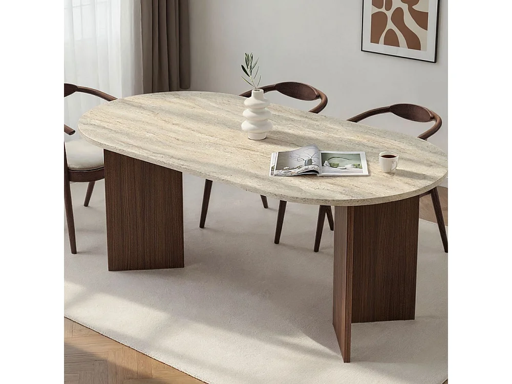 Sam - Table à manger 8 personnes ovale en bois et effet travertin - Beige