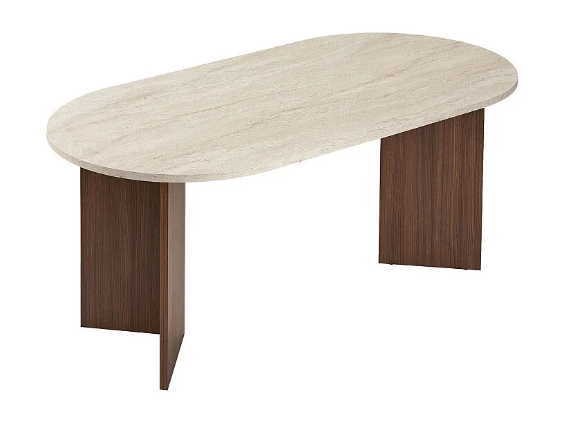 Sam - Table à manger 8 personnes ovale en bois et effet travertin - Beige