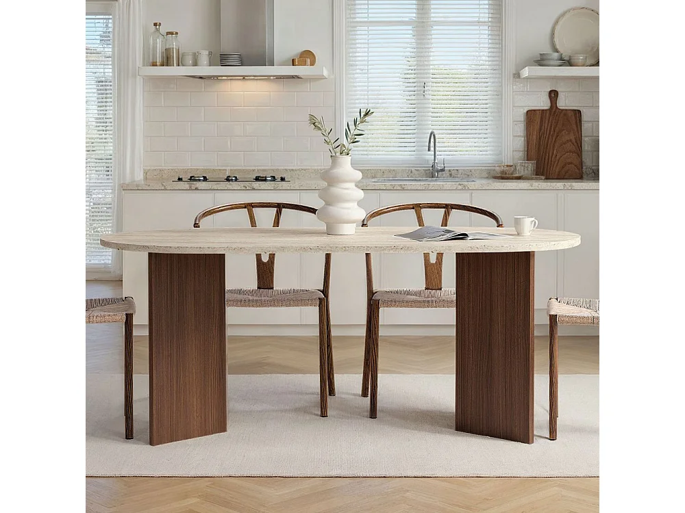 Sam - Table à manger 8 personnes ovale en bois et effet travertin - Beige