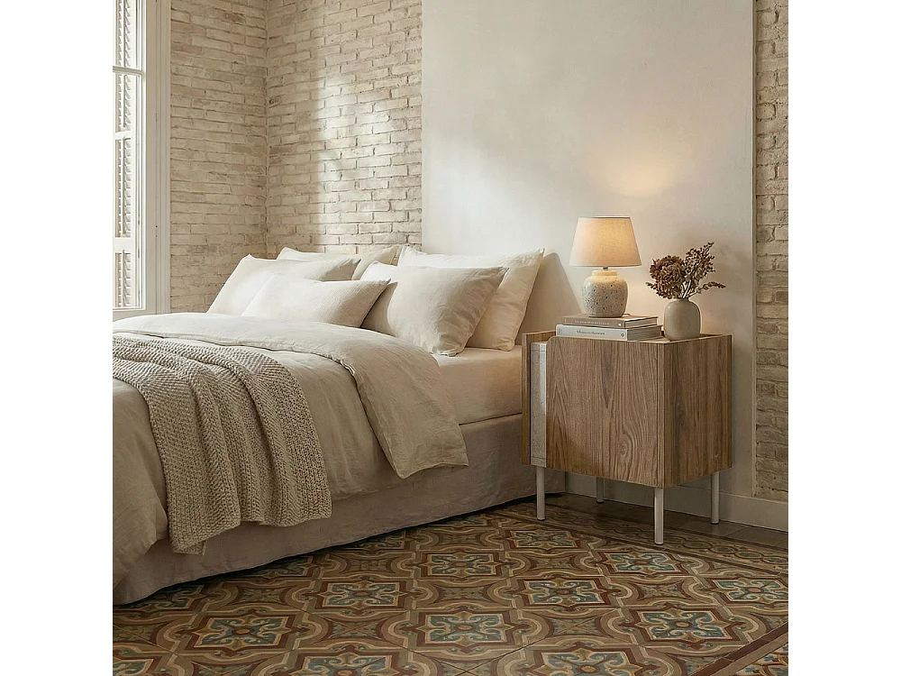 Boxy - Table de chevet 1 porte en bois et effet travertin - Bois foncé