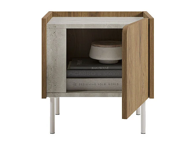 Boxy - Table de chevet 1 porte en bois et effet travertin - Bois foncé
