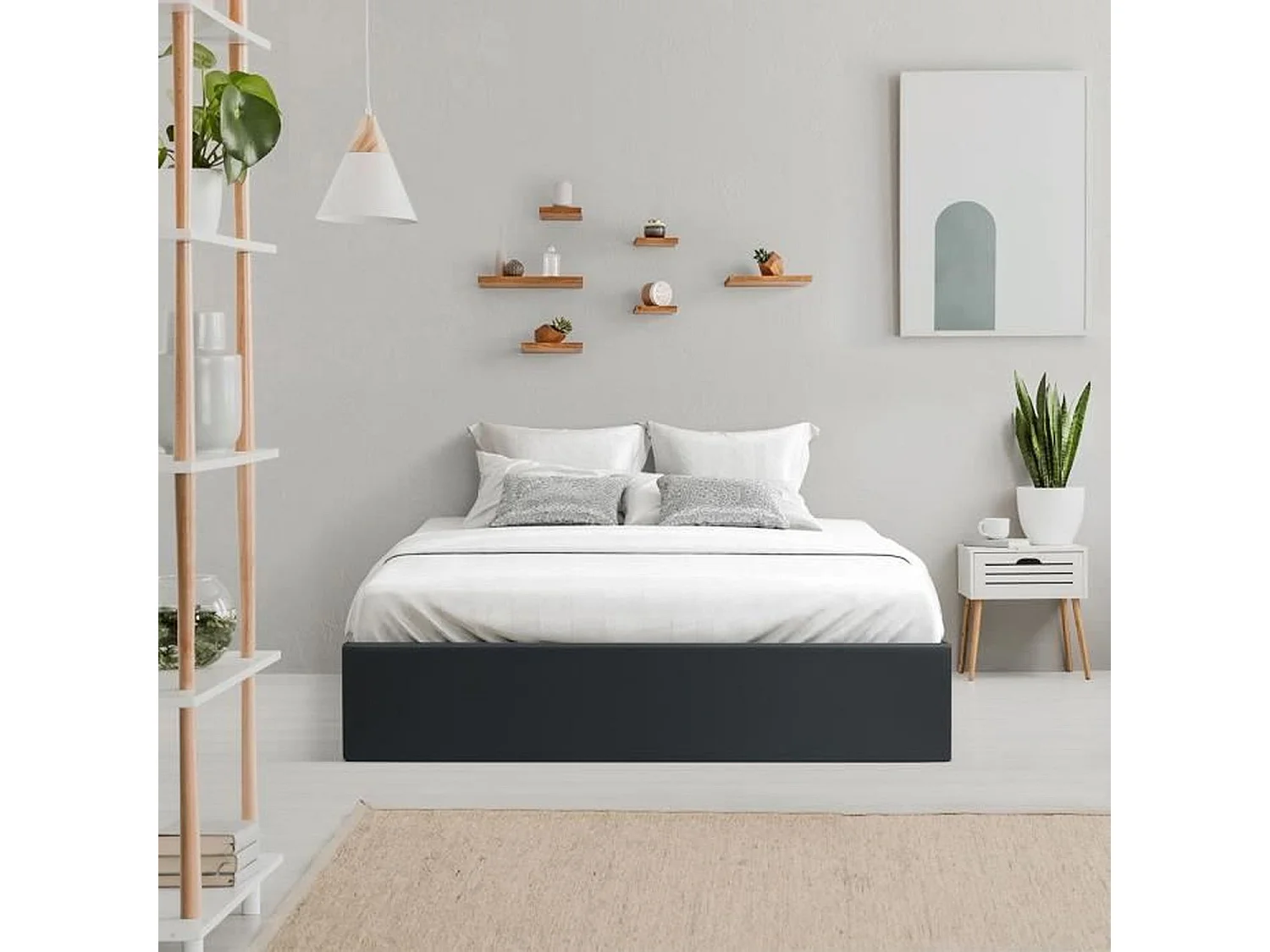 Lit adulte 160 x 200 cm avec coffre de rangement - Simili Noir