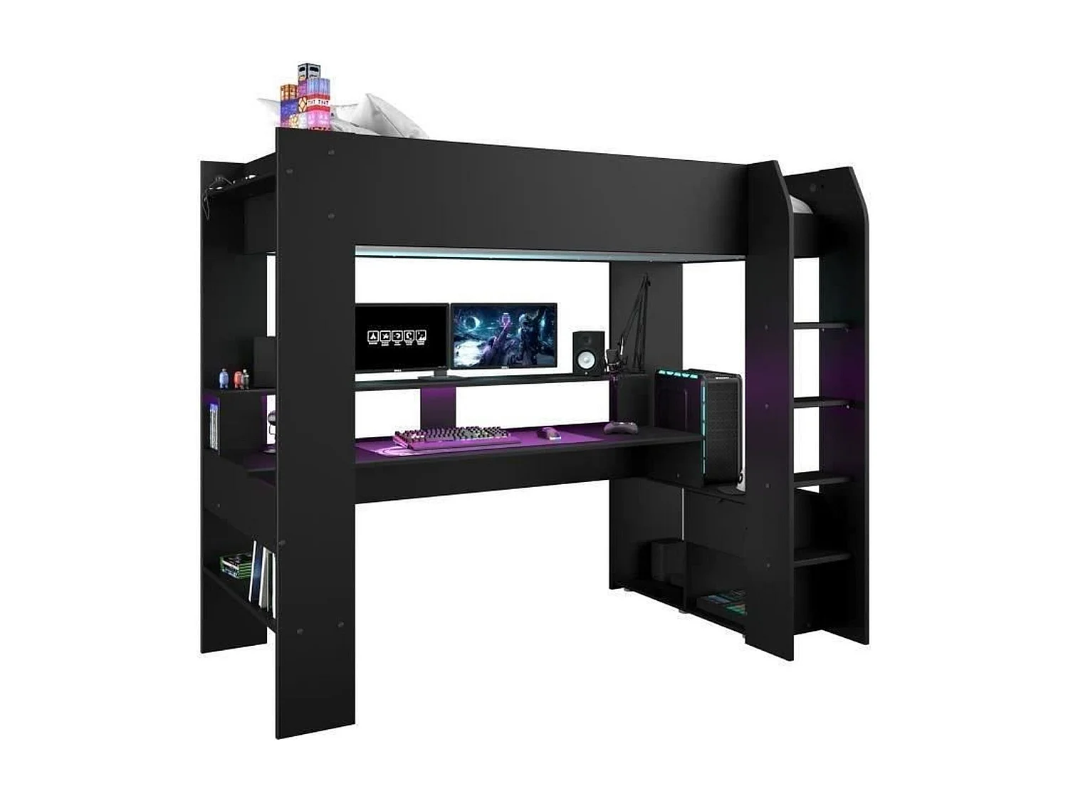 Cama loft infantil Gamer LED RGB 90x200 cm preto fosco com escrivaninha e estrado incluídos