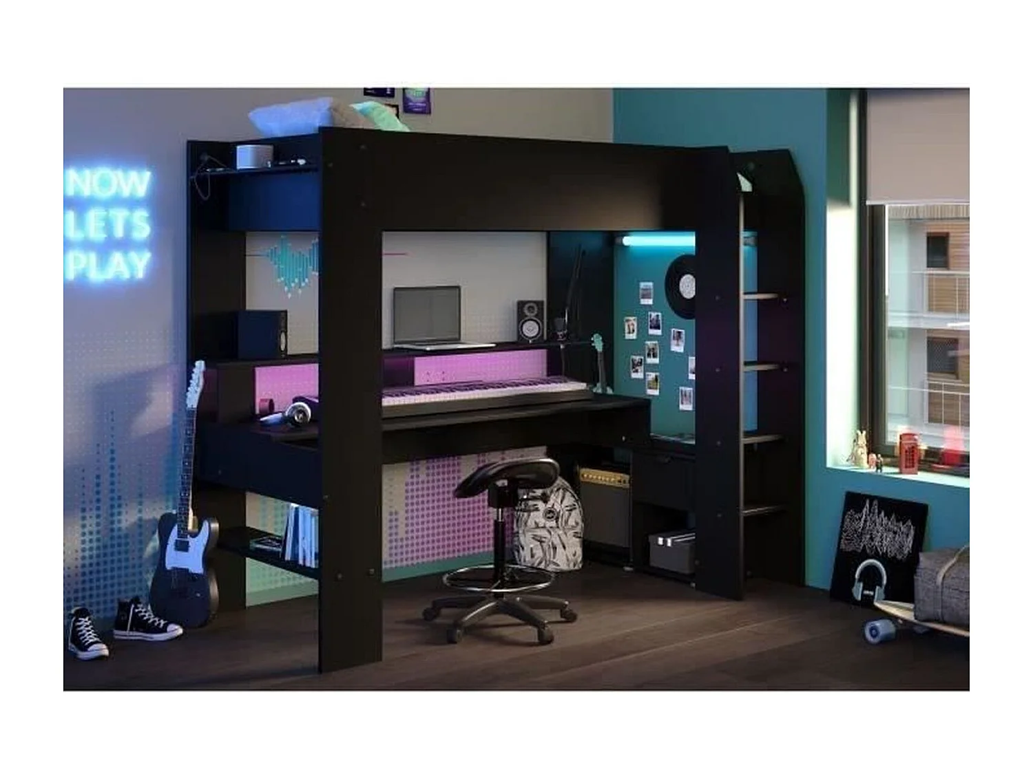 Cama loft infantil Gamer LED RGB 90x200 cm preto fosco com escrivaninha e estrado incluídos