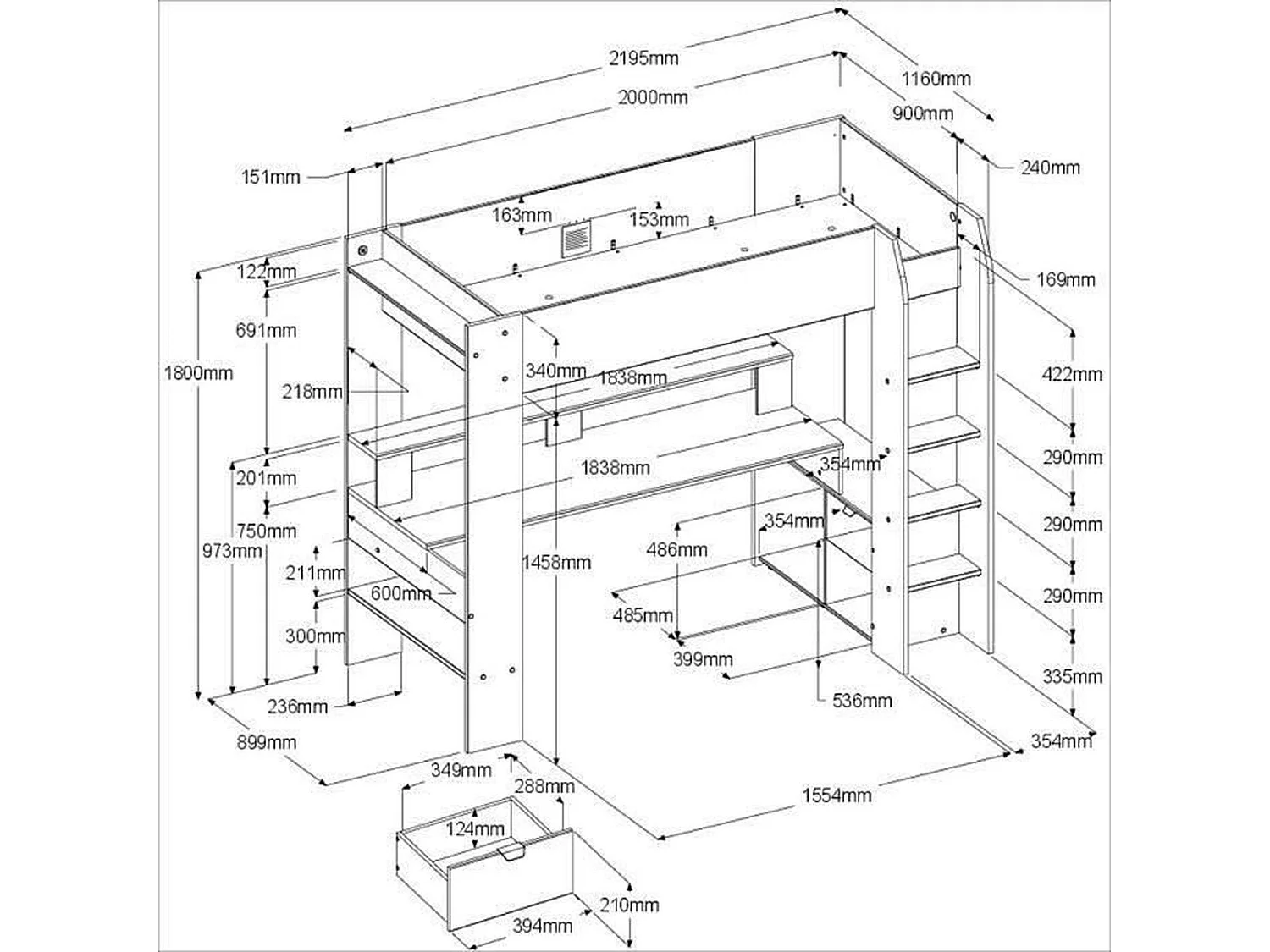 Cama loft infantil Gamer LED RGB 90x200 cm preto fosco com escrivaninha e estrado incluídos