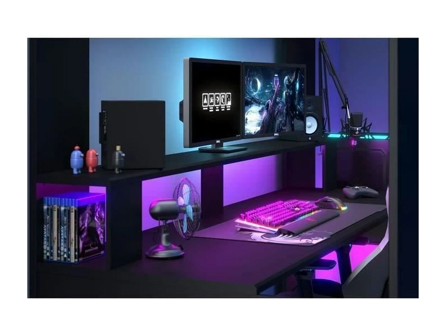 Cama loft infantil Gamer LED RGB 90x200 cm preto fosco com escrivaninha e estrado incluídos