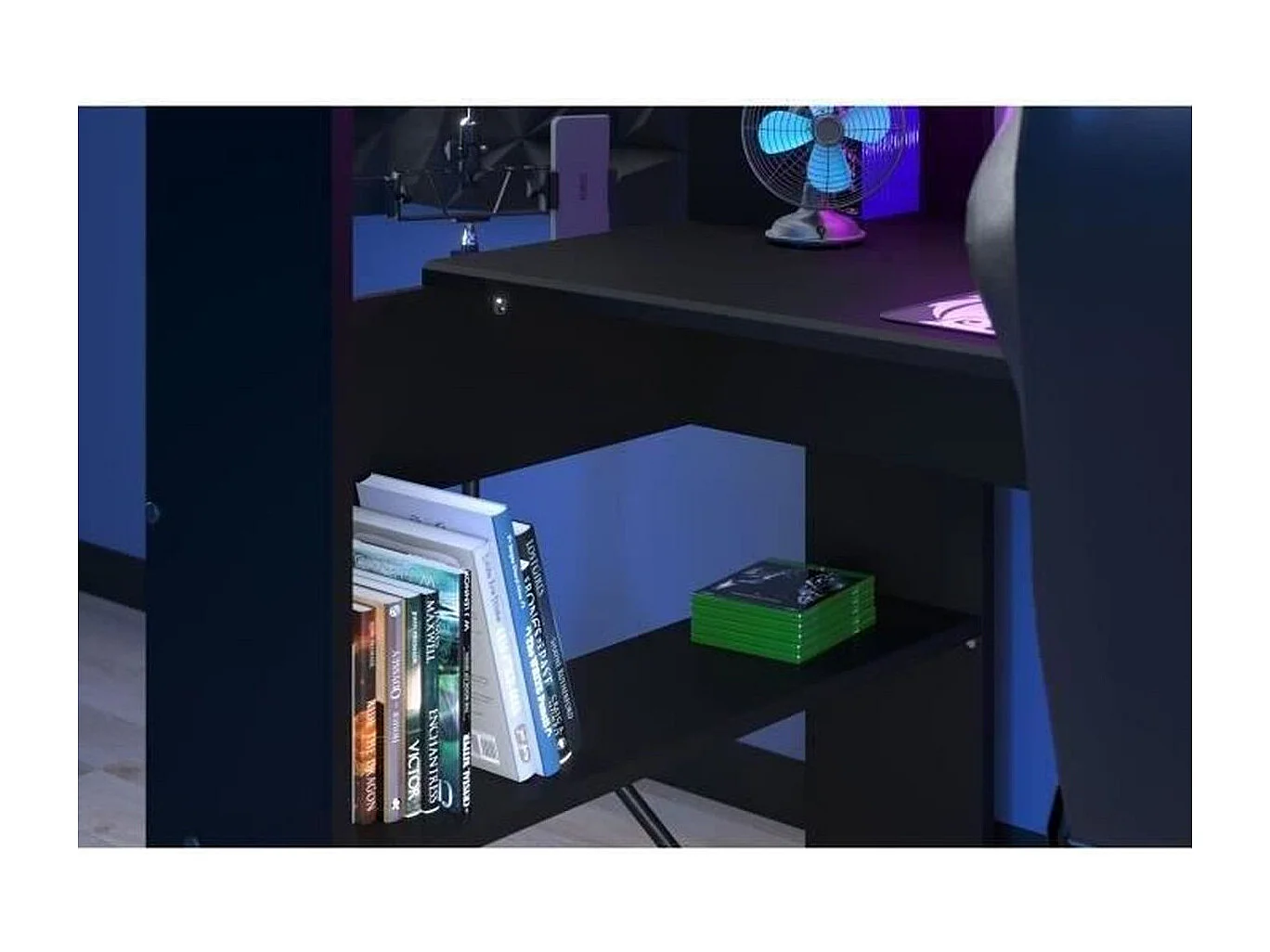 Cama loft infantil Gamer LED RGB 90x200 cm preto fosco com escrivaninha e estrado incluídos