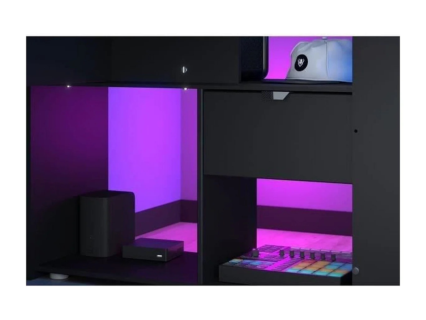 Cama loft infantil Gamer LED RGB 90x200 cm preto fosco com escrivaninha e estrado incluídos