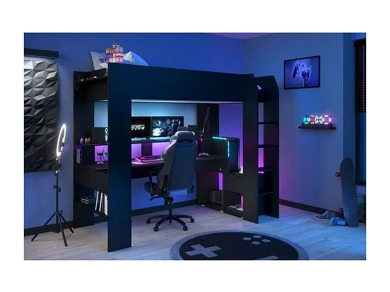 Cama loft infantil Gamer LED RGB 90x200 cm preto fosco com escrivaninha e estrado incluídos