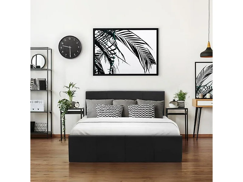 Lit adulte AUCUNE MARTIN 140 x 190 cm coffre & sommier à lattes en simili noir