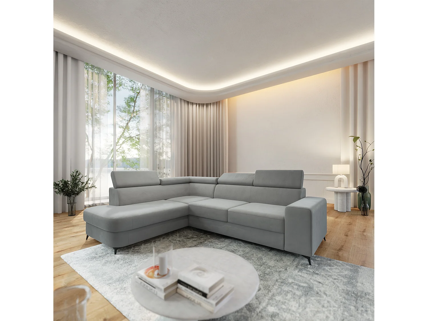 Hoekbank ALVORO van fluweel met slaapfunctie Hellgrau