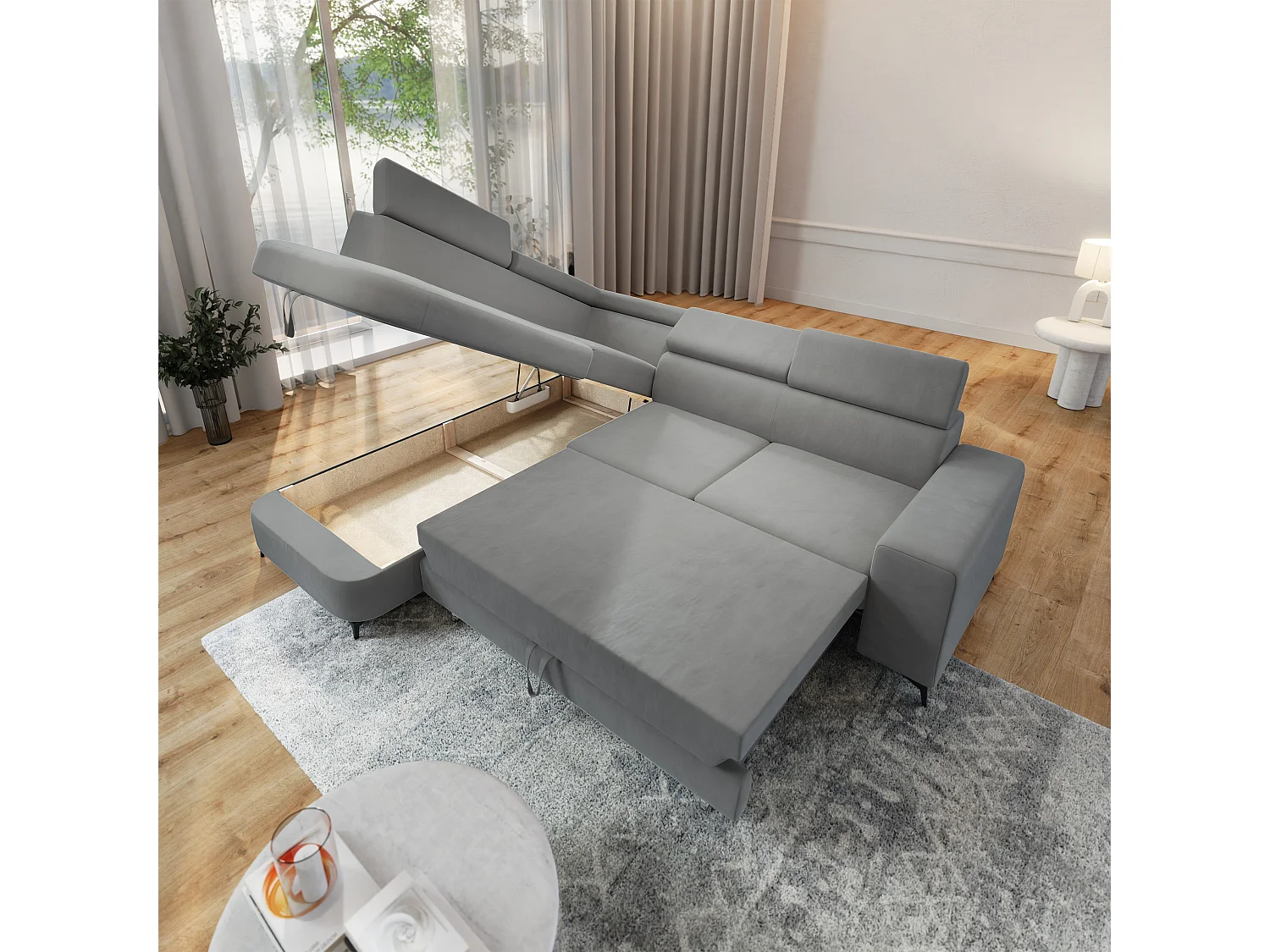 Hoekbank ALVORO van fluweel met slaapfunctie Hellgrau