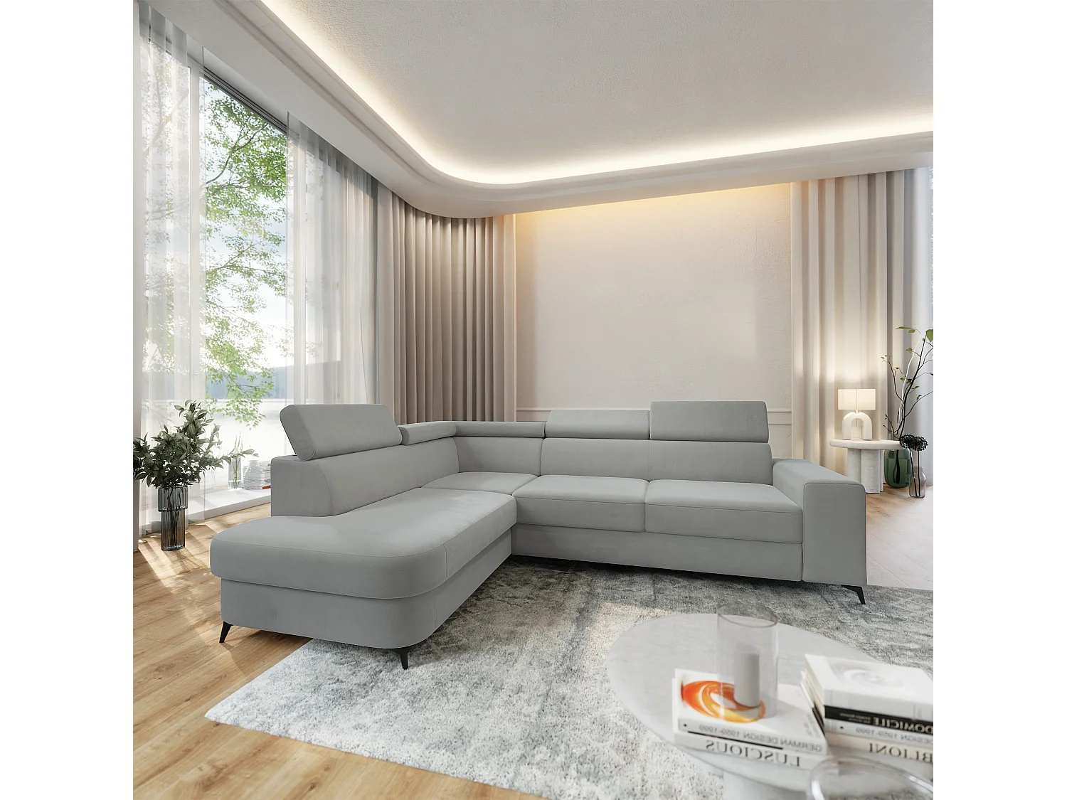 Hoekbank ALVORO van fluweel met slaapfunctie Hellgrau