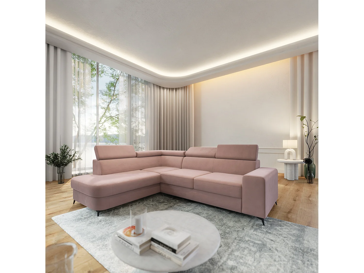Hoekbank ALVORO van fluweel met slaapfunctie Rosa