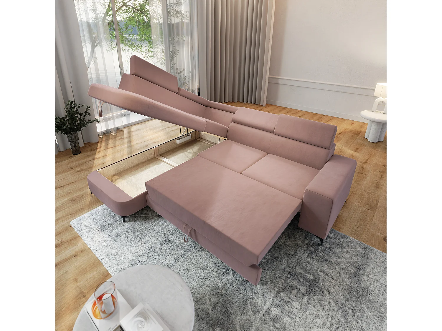 Hoekbank ALVORO van fluweel met slaapfunctie Rosa
