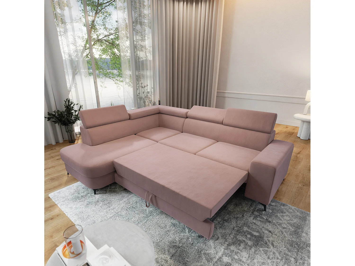 Hoekbank ALVORO van fluweel met slaapfunctie Rosa