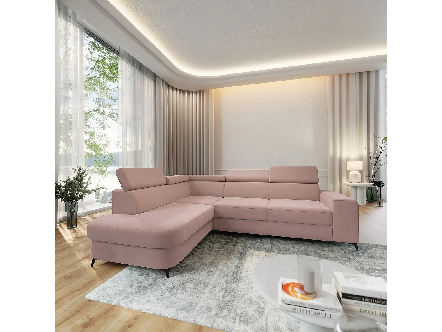 Hoekbank ALVORO van fluweel met slaapfunctie Rosa