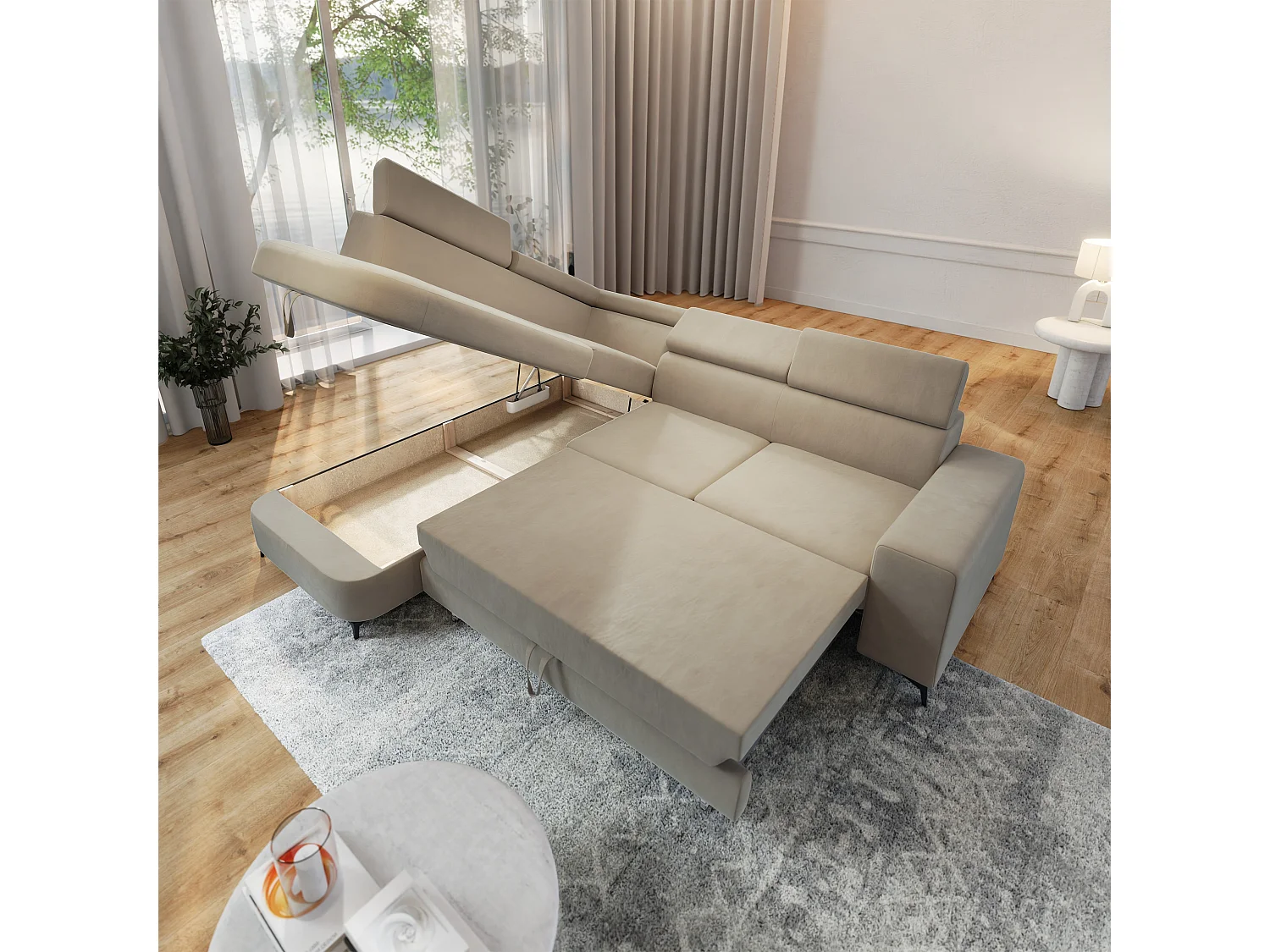 Hoekbank ALVORO van fluweel met slaapfunctie Beige