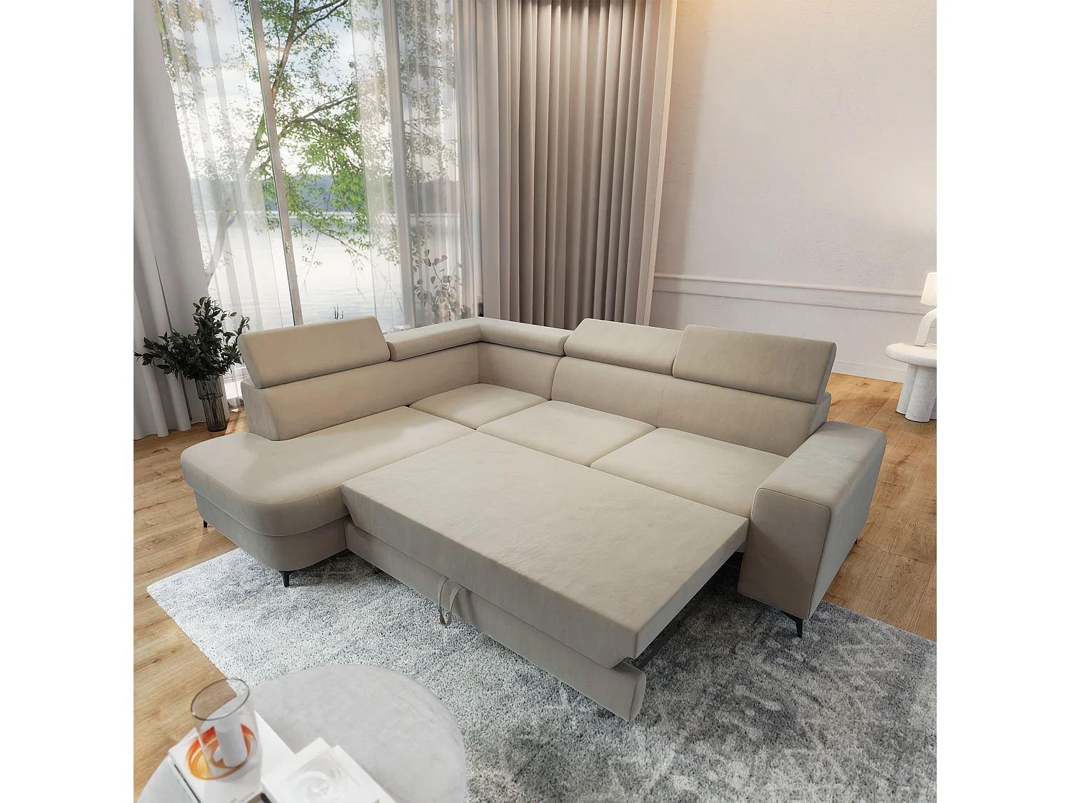 Hoekbank ALVORO van fluweel met slaapfunctie Beige