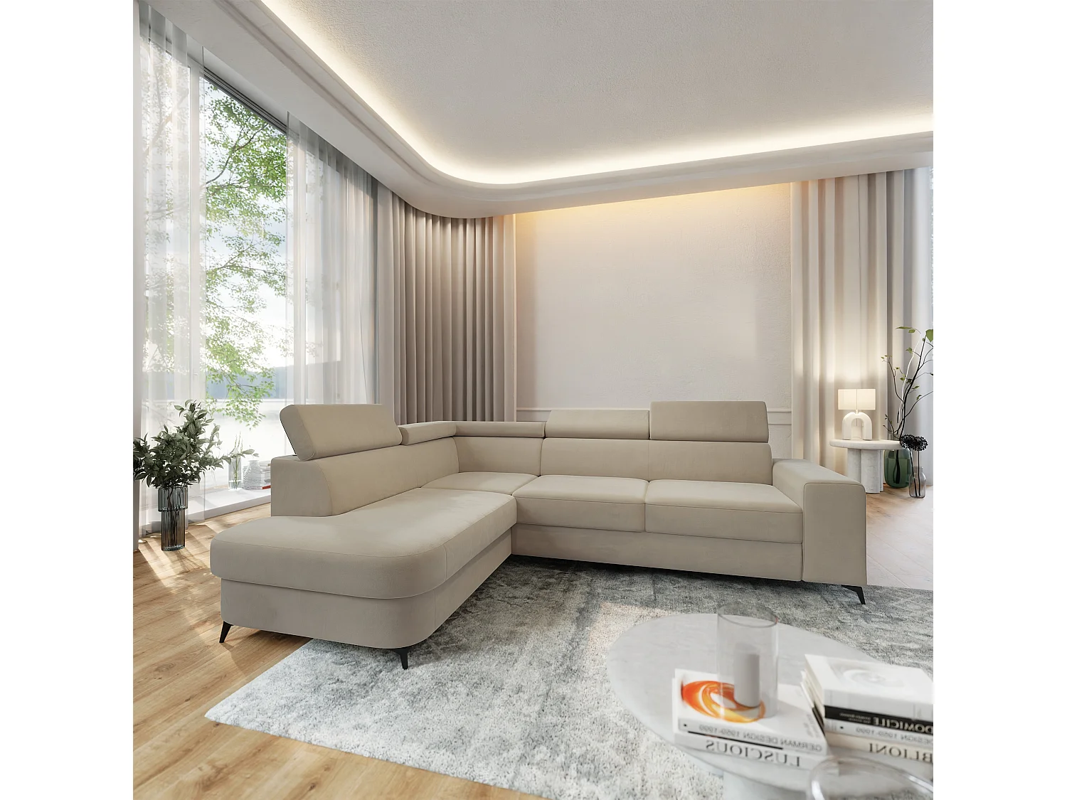 Hoekbank ALVORO van fluweel met slaapfunctie Beige