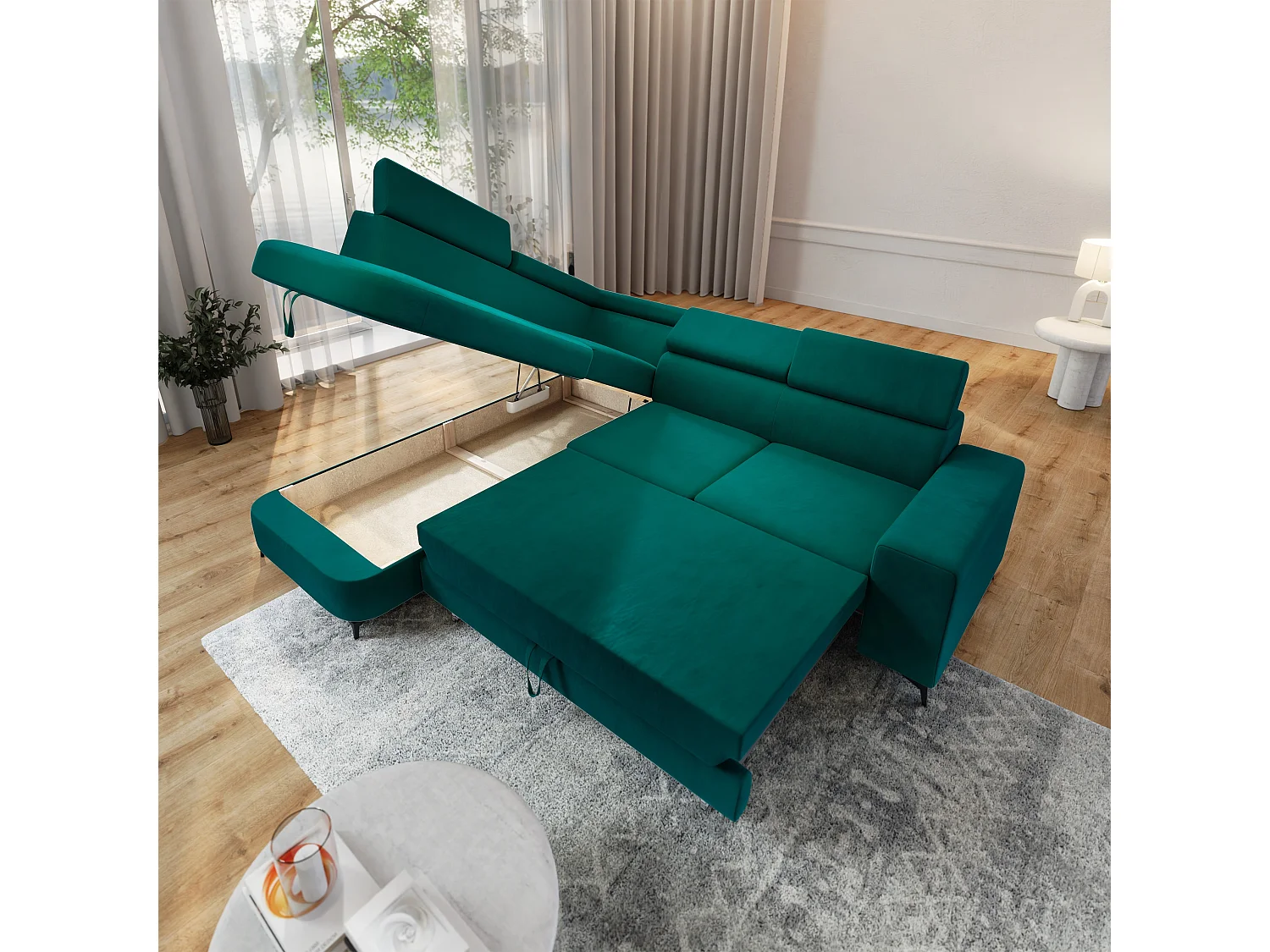 Hoekbank ALVORO van fluweel met slaapfunctie Blau