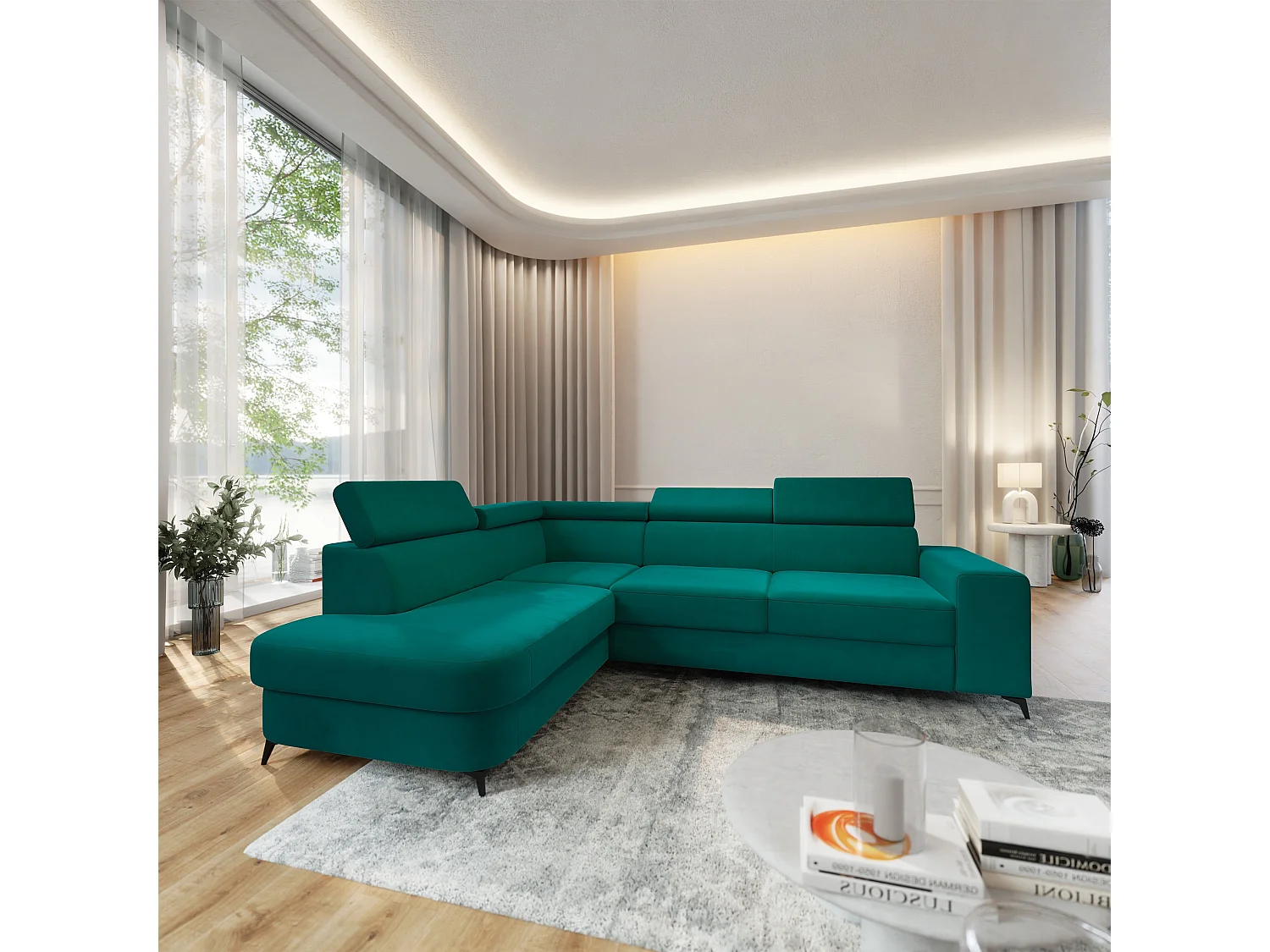 Hoekbank ALVORO van fluweel met slaapfunctie Blau