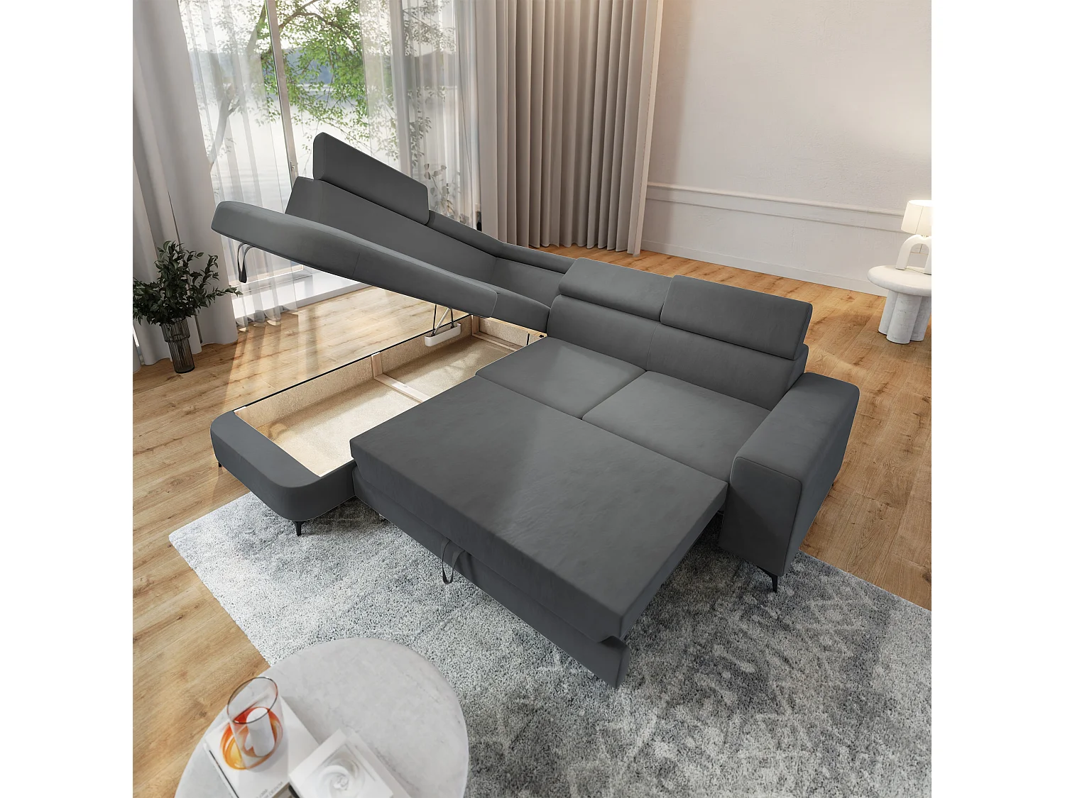 Hoekbank ALVORO van fluweel met slaapfunctie Grau