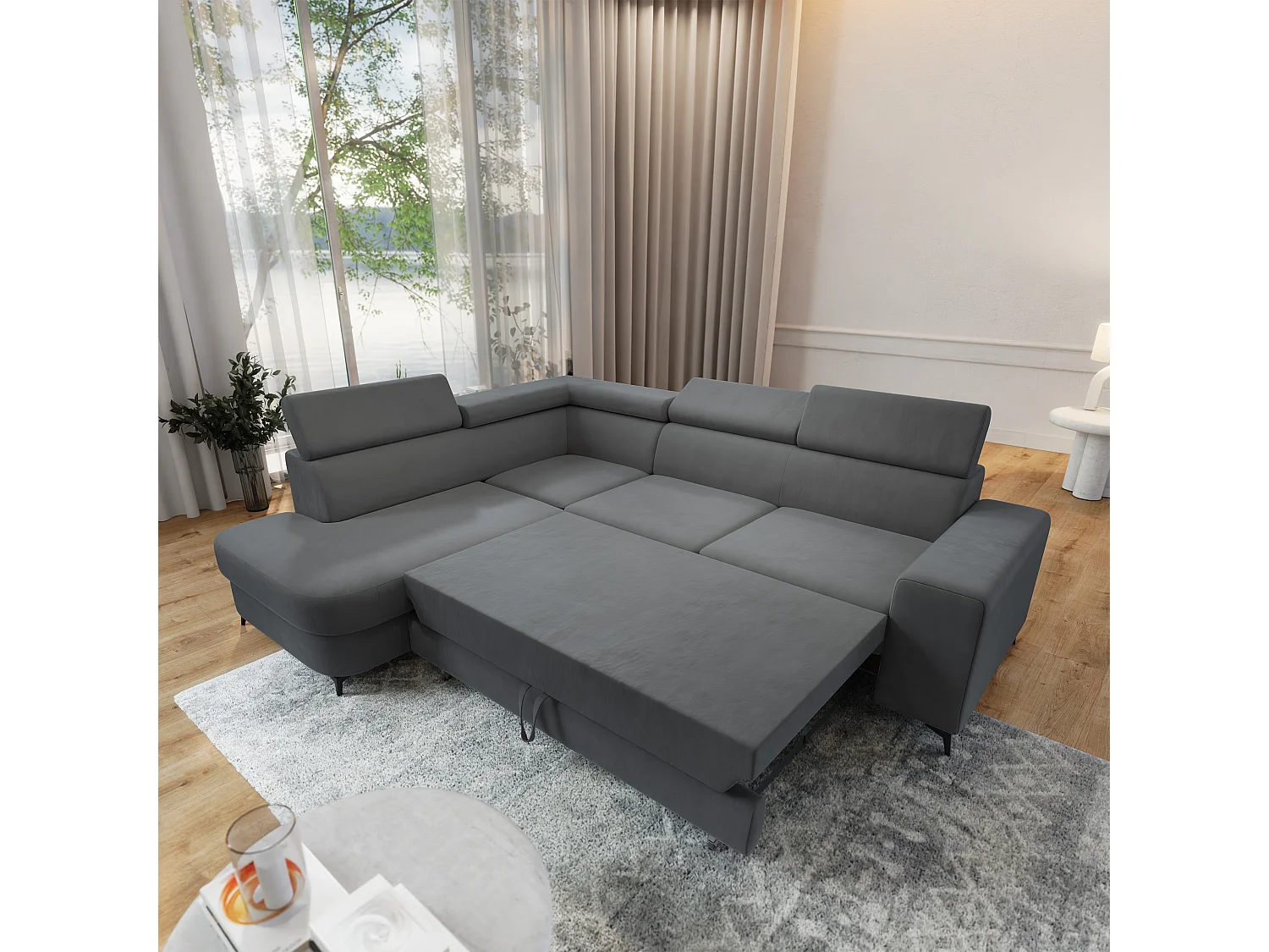 Hoekbank ALVORO van fluweel met slaapfunctie Grau