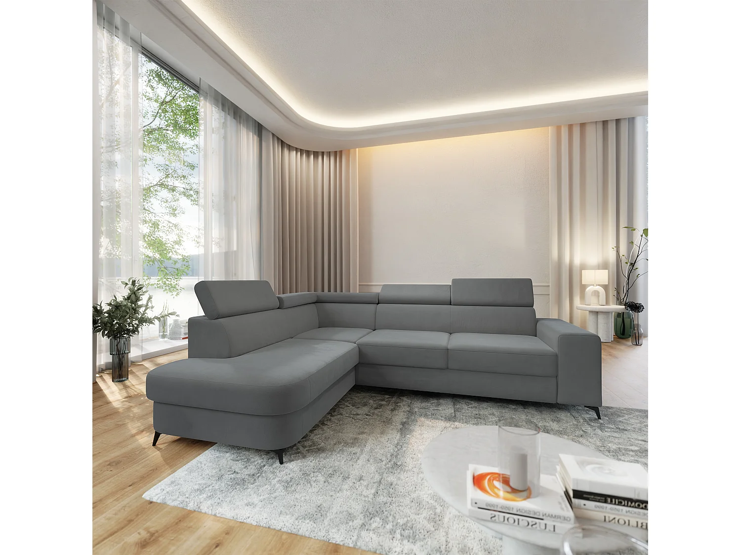 Hoekbank ALVORO van fluweel met slaapfunctie Grau