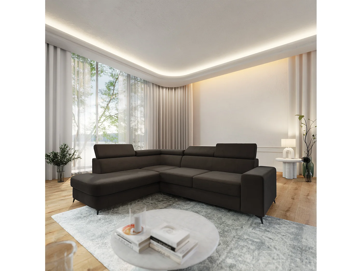 Hoekbank ALVORO van fluweel met slaapfunctie Braun